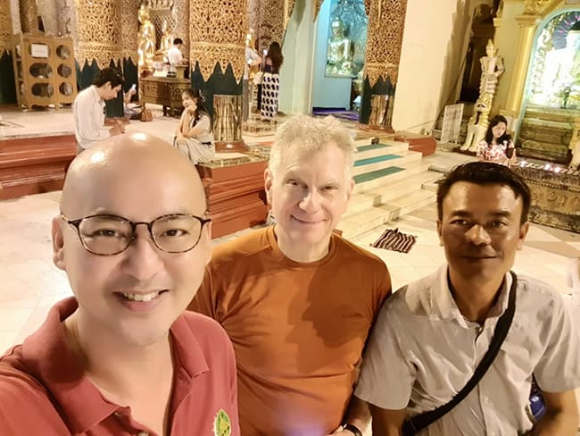 Bob, Heng, DVA's Myanmar Chapter Leader, and our driver Aung Thu, in Yangon, Myanmar at the Shwedagon Pagoda